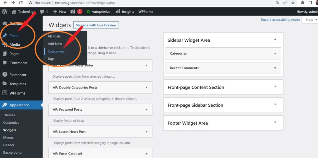 Categories in Dashboard panel of WordPress website